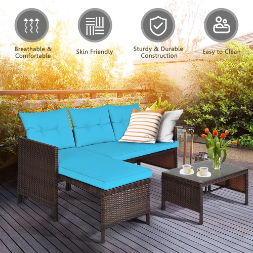 Costway 3PCS Patio Wicker Rattan Sofa Set Outdoor Sectional Conversation Set Turquoise