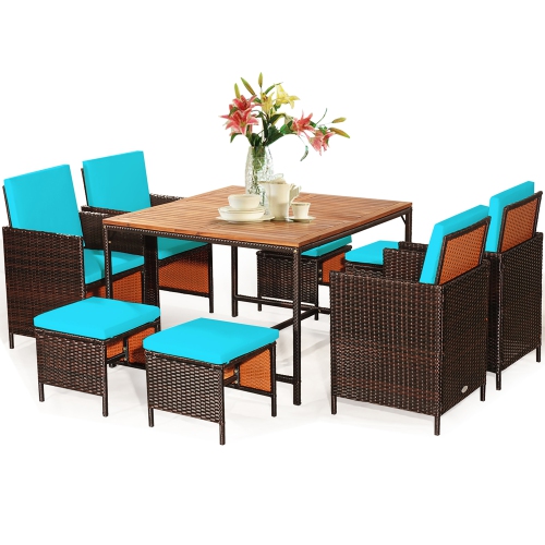 Costway 9PCS Patio Rattan Dining Set Cushioned Chairs Ottoman Wood Table Top