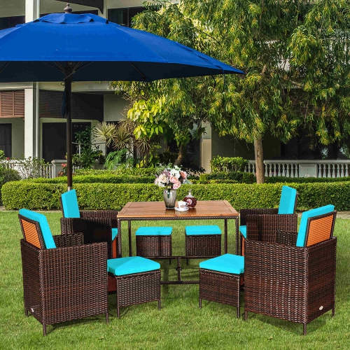 Costway 9PCS Patio Rattan Dining Set Cushioned Chairs Ottoman Wood Table Top