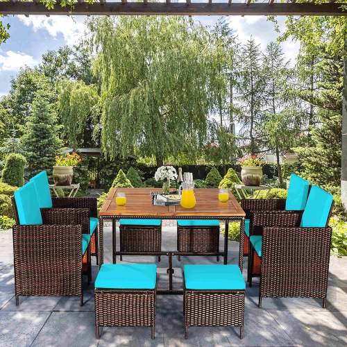 Costway 9PCS Patio Rattan Dining Set Cushioned Chairs Ottoman Wood Table Top