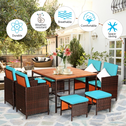 Costway 9PCS Patio Rattan Dining Set Cushioned Chairs Ottoman Wood Table Top