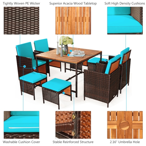 Costway 9PCS Patio Rattan Dining Set Cushioned Chairs Ottoman Wood Table Top