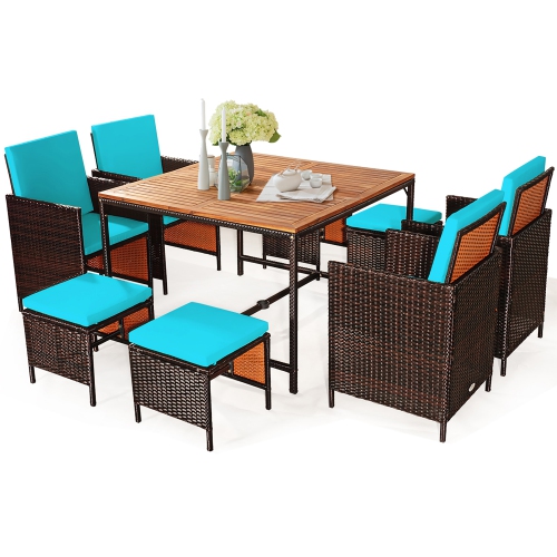 Costway 9PCS Patio Rattan Dining Set Cushioned Chairs Ottoman Wood Table Top