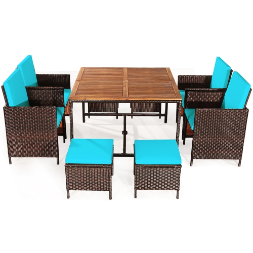 Costway 9PCS Patio Rattan Dining Set Cushioned Chairs Ottoman Wood Table Top