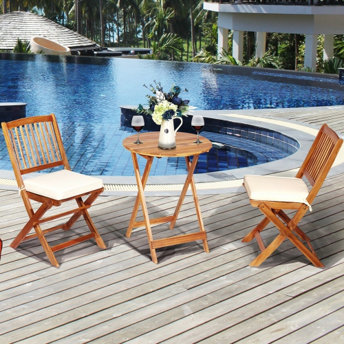 COSTWAY  3PCs Patio Folding Wooden Bistro Set Cushioned Chair Conversation Cushion