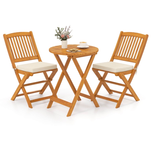 Costway 3PCS Patio Folding Wooden Bistro Set Cushioned Chair Conversation Cushion