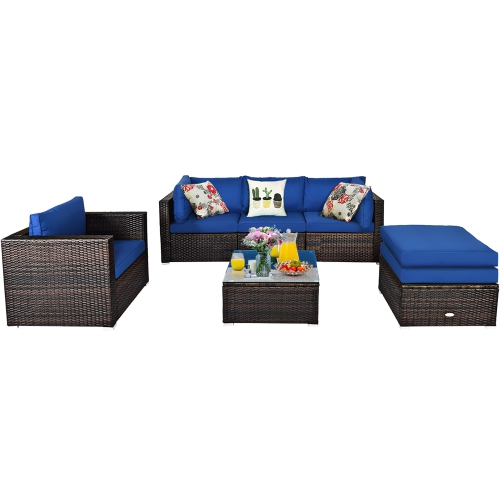 Ensemble de meubles de patio en rotin 6 pièces de Costway Sofa Table basse Pouf bleu marine