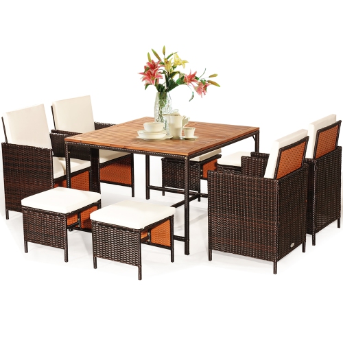 Costway 9PCS Patio Rattan Dining Set Cushioned Chairs Ottoman Wood Table Top