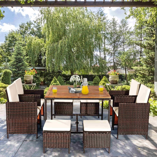 Costway 9PCS Patio Rattan Dining Set Cushioned Chairs Ottoman Wood Table Top