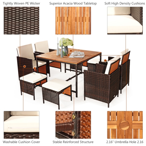 Costway 9PCS Patio Rattan Dining Set Cushioned Chairs Ottoman Wood Table Top