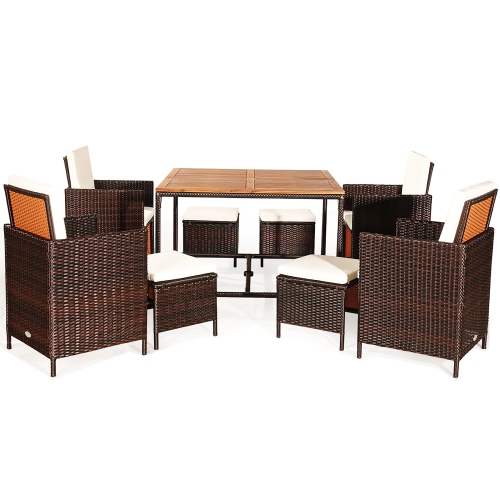 Costway 9PCS Patio Rattan Dining Set Cushioned Chairs Ottoman Wood Table Top