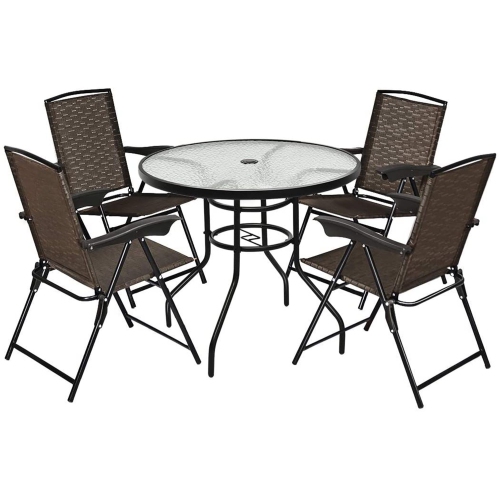 COSTWAY  5PCs Bistro Patio Furniture Set 4 Folding Adjustable Chairs Glass Table W/hole