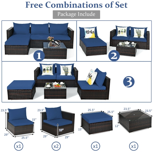 Costway 5PCS Patio Rattan Furniture Set Sectional Conversation Sofa w/ Coffee Table
