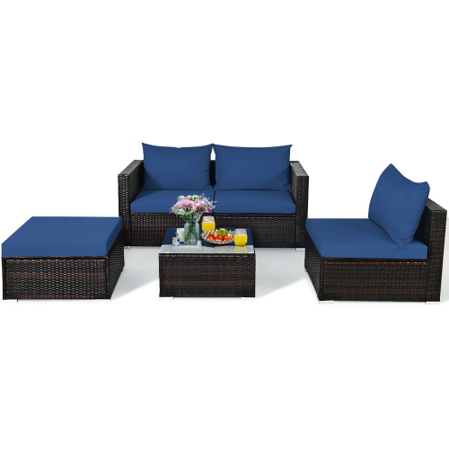 Costway 5PCS Patio Rattan Furniture Set Sectional Conversation Sofa w/ Coffee Table