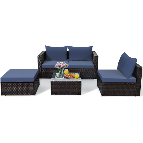 Costway 5PCS Patio Rattan Furniture Set Sectional Conversation Sofa w/ Coffee Table