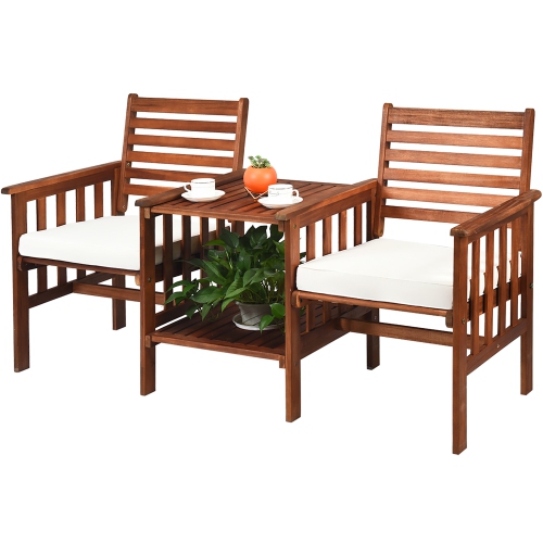 Costway Patio Loveseat Conversation Set Acacia Wood Chair Coffee Table Cushioned