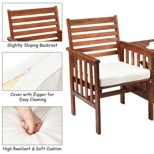 Costway Patio Loveseat Conversation Set Acacia Wood Chair Coffee Table Cushioned