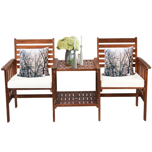 Costway Patio Loveseat Conversation Set Acacia Wood Chair Coffee Table Cushioned