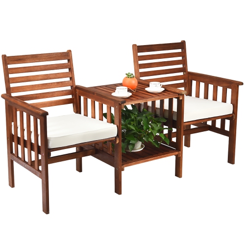 Costway Patio Loveseat Conversation Set Acacia Wood Chair Coffee Table Cushioned