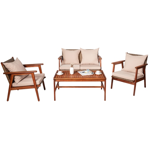 Costway 4PCS Patio Rattan Furniture Set Acacia Wood Frame Cushioned Sofa Chair