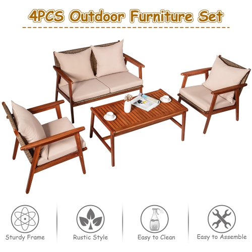 Costway 4PCS Patio Rattan Furniture Set Acacia Wood Frame Cushioned Sofa Chair
