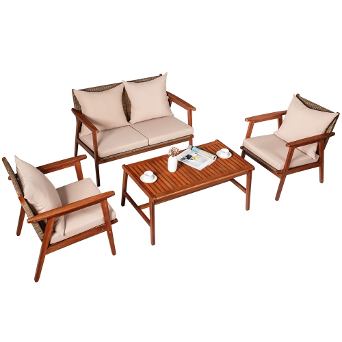 Costway 4PCS Patio Rattan Furniture Set Acacia Wood Frame Cushioned Sofa Chair