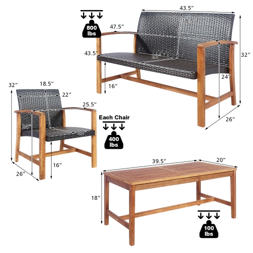 Costway 4PCS Outdoor Patio Rattan Furniture Set Acacia Wood Frame Sofa Loveseat Garden