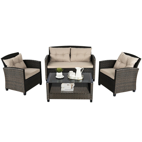 Costway 4PCS Outdoor Rattan Furniture Set Cushioned Sofa Armrest Chair Lower Shelf Brown
