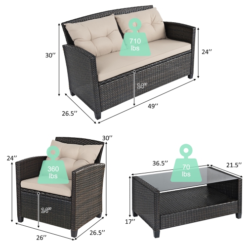 Costway 4PCS Outdoor Rattan Furniture Set Cushioned Sofa Armrest Chair Lower Shelf Brown