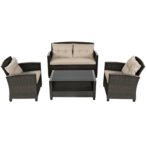 Costway 4PCS Outdoor Rattan Furniture Set Cushioned Sofa Armrest Chair Lower Shelf Brown