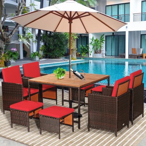 Costway 9PCS Patio Rattan Dining Set Cushioned Chairs Ottoman Wood Table Top