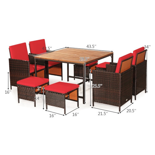Costway 9PCS Patio Rattan Dining Set Cushioned Chairs Ottoman Wood Table Top