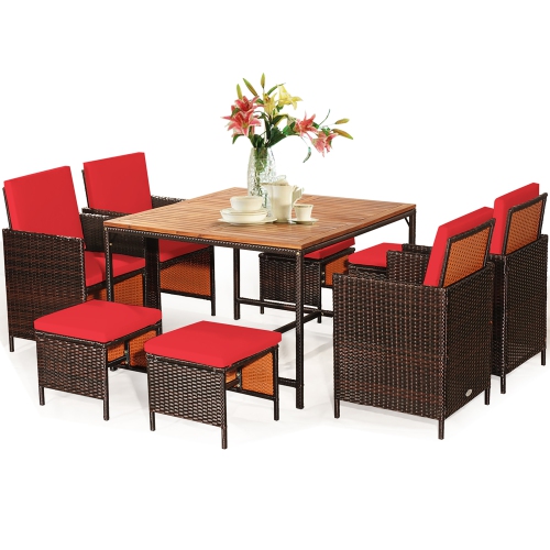Costway 9PCS Patio Rattan Dining Set Cushioned Chairs Ottoman Wood Table Top