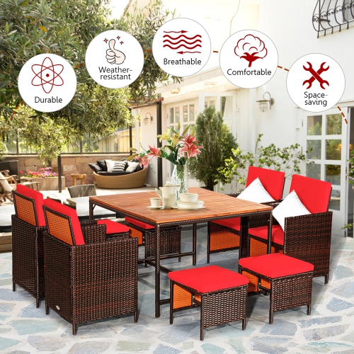 Costway 9PCS Patio Rattan Dining Set Cushioned Chairs Ottoman Wood Table Top