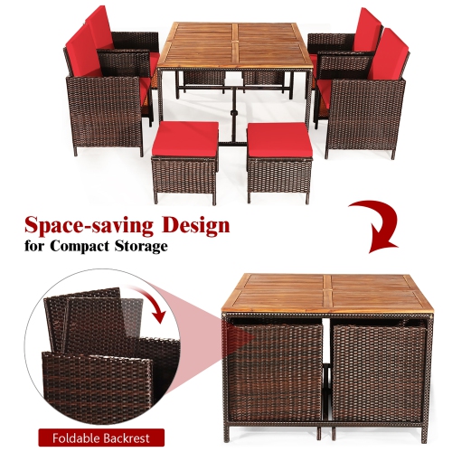 Costway 9PCS Patio Rattan Dining Set Cushioned Chairs Ottoman Wood Table Top