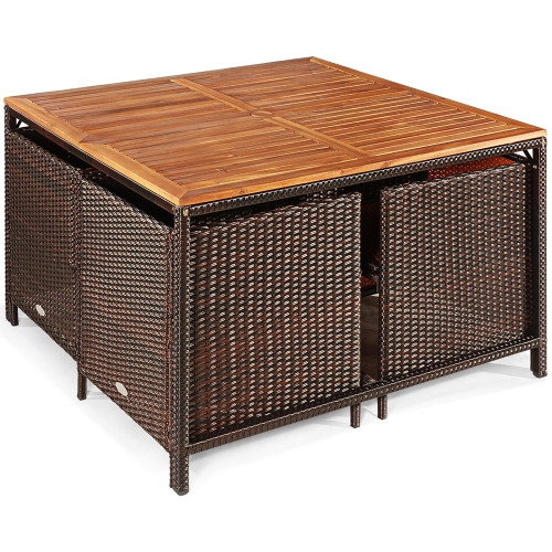 Costway 9PCS Patio Rattan Dining Set Cushioned Chairs Ottoman Wood Table Top