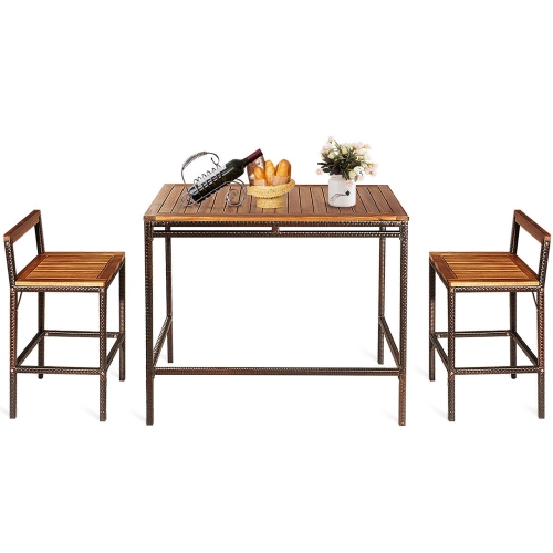 Costway 3 PCS Patio Rattan Wicker Bar wood Table Chair Outdoor