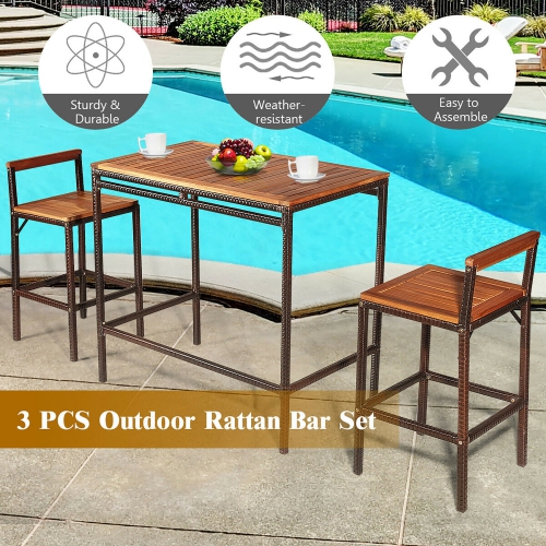 Costway 3 PCS Patio Rattan Wicker Bar wood Table Chair Outdoor
