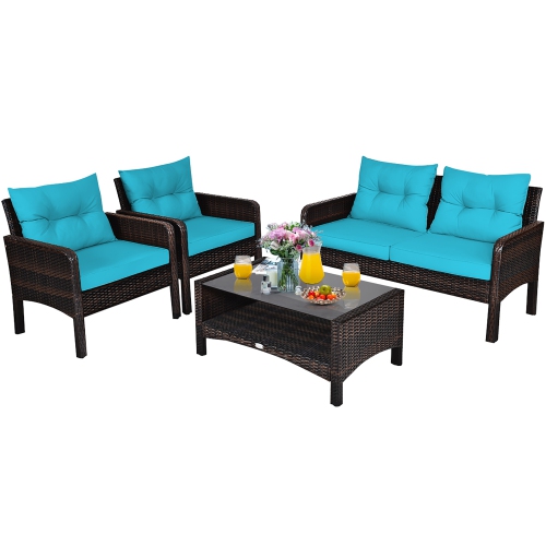 Costway 4PCS Patio Rattan Furniture Set Loveseat Sofa Coffee Table W/Turquoise Cushion