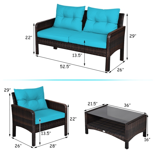 Costway 4PCS Patio Rattan Furniture Set Loveseat Sofa Coffee Table W/Turquoise Cushion