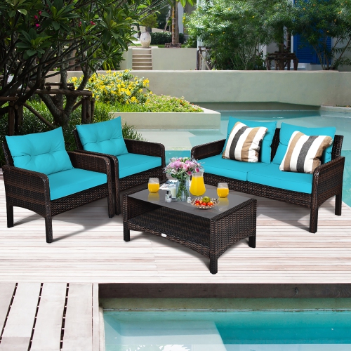 Costway 4PCS Patio Rattan Furniture Set Loveseat Sofa Coffee Table W/Turquoise Cushion