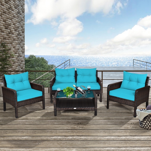 Costway 4PCS Patio Rattan Furniture Set Loveseat Sofa Coffee Table W/Turquoise Cushion