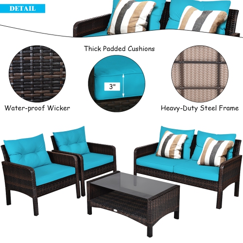 Costway 4PCS Patio Rattan Furniture Set Loveseat Sofa Coffee Table W/Turquoise Cushion