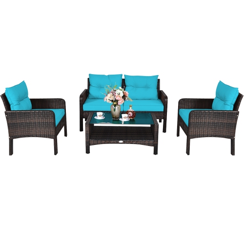 Costway 4PCS Patio Rattan Furniture Set Loveseat Sofa Coffee Table W/Turquoise Cushion