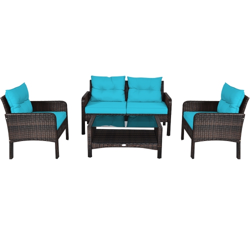 Costway 4PCS Patio Rattan Furniture Set Loveseat Sofa Coffee Table W/Turquoise Cushion