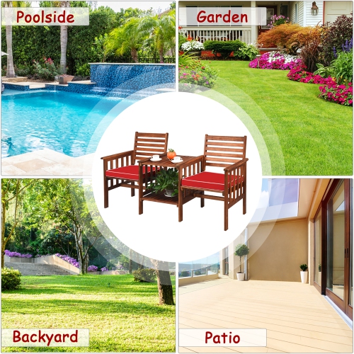 Costway Patio Loveseat Conversation Set Acacia Wood Chair Coffee Table Cushioned