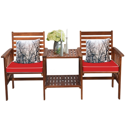 Costway Patio Loveseat Conversation Set Acacia Wood Chair Coffee Table Cushioned