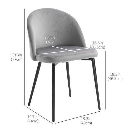 HOMCOM Modern Dining Chairs Set of 2, Mid-Back Velvet Upholstered Kitchen Chairs, Side Chair for Living Room, Dining Room, Grey