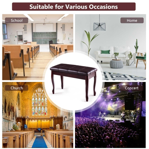 Costway Solid Wood PU Leather Piano Bench Padded Double Duet Keyboard Seat Storage Brown