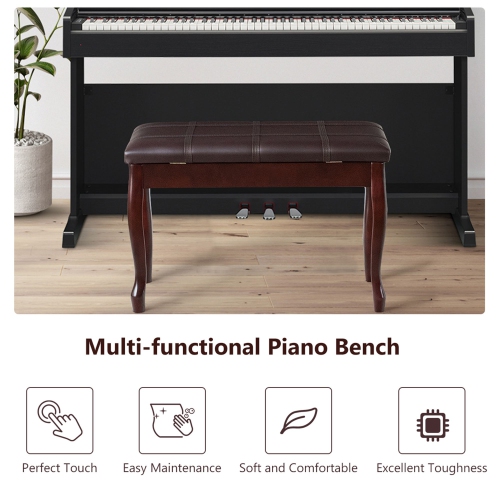 Costway Solid Wood PU Leather Piano Bench Padded Double Duet Keyboard Seat Storage Brown